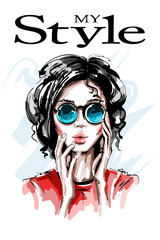 Hand drawn beautiful young woman in sunglasses. Stylish elegant girl. Fashion woman portrait. Sketch.