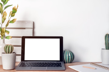 Fototapeta premium Hipster wooden desk with laptop mockup, cactus in a gray pot, a vase with green leaves, ceramic ornament, open notebook and boards on the wall with copy space