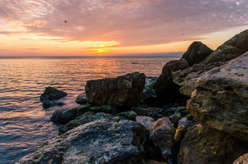 Seascape in Odesa during the sunrise in the autumn season