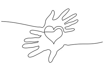 Continuous one line drawing. Abstract hands woman and man holding heart. Vector illustration