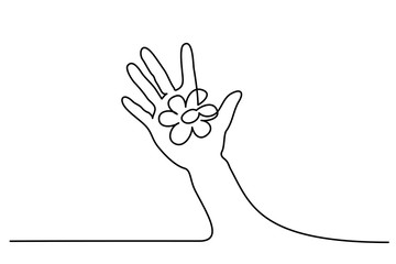 Continuous one line drawing. Abstract hand holding flower. Vector illustration