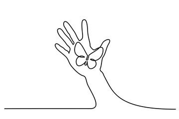 Continuous one line drawing. Abstract hand holding butterfly. Vector illustration