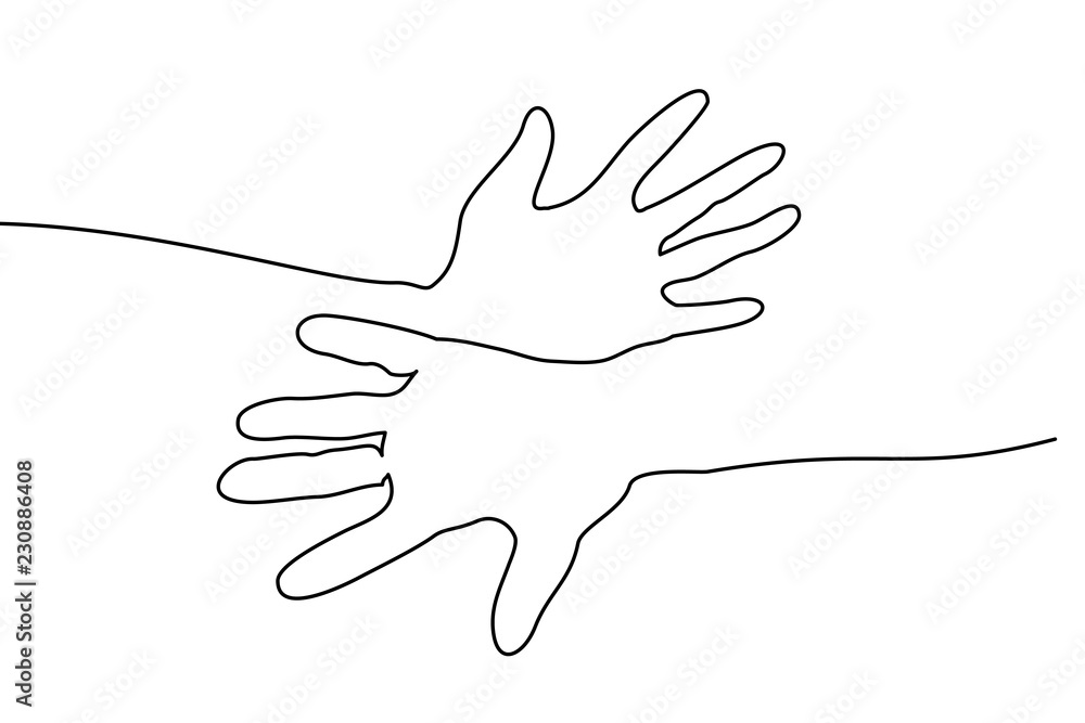 Wall mural continuous one line drawing. abstract hands togehter. vector illustration