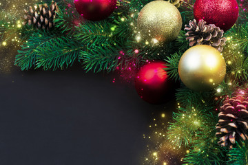Empty Christmas card for greetingson Christmas / Christmas fir branch with tameing and magic...