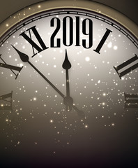 Naklejka na ściany i meble Gold shiny 2019 New Year background with clock.