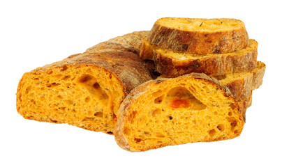 Feta cheese and sun dried tomato ciabatta bread isolated on a white background
