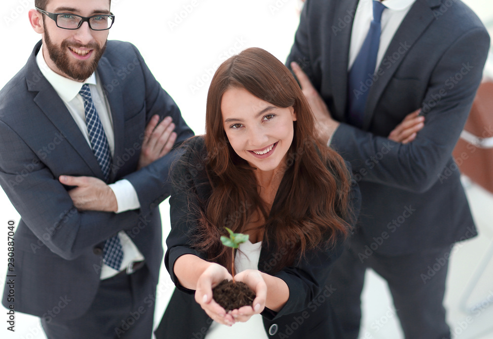 Canvas Prints smiling business team shows a fresh sprout