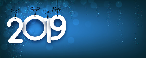 Blue shiny 2019 New Year banner. Bokeh effect.