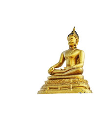 Thai old yellow-gold Buddha statue on a white background. The statue is blackened by time.