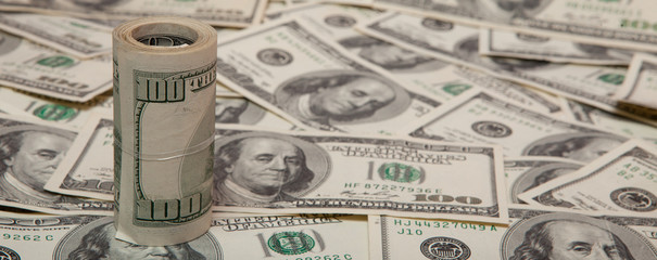 Fototapeta premium stack of dollars against the backdrop of money