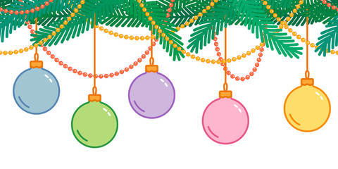 Christmas and New Year decoration, seamless christmas tree garland with balls and beads, seamless horizontal pattern without background, banner and footer template, outline artwork