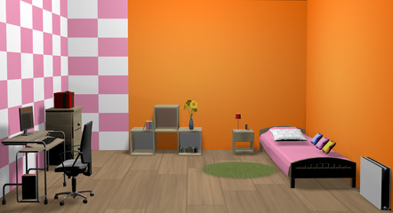 3d girl room with bed, table, chair and other furniture