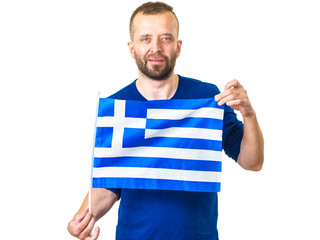 Man with greek waving flag, on white