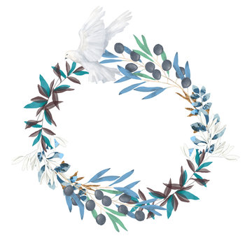 olive and dove floral illustration - olive branch frame / wreath for wedding stationary, greetings, wallpapers, fashion, backgrounds, textures, DIY, wrapping, postcards, logo, branding,