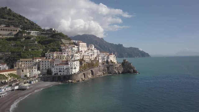 Wide aerial, scenic coastal town of Amalfi