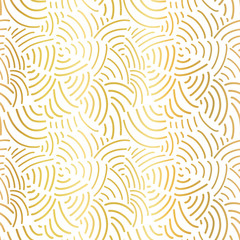 Elegant Gold foil abstract background. Curved line seamless pattern metallic shiny golden on white. Handdrawn vector texture. Modern, abstract mosaic art for celebration, Christmas, New Year, wedding
