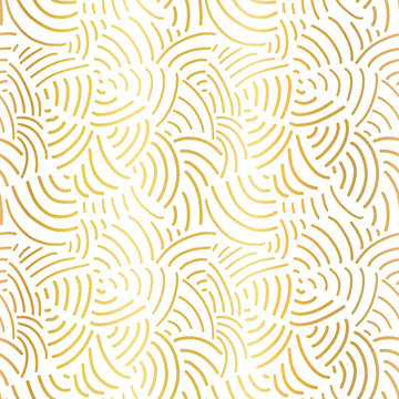 Elegant Gold foil abstract background. Curved line seamless pattern metallic shiny golden on white. Handdrawn vector texture. Modern, abstract mosaic art for celebration, Christmas, New Year, wedding