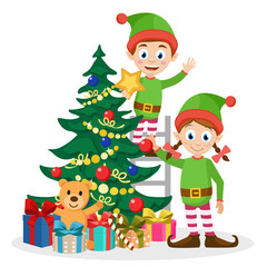 Santa's helpers decorate the Christmas tree on a white.