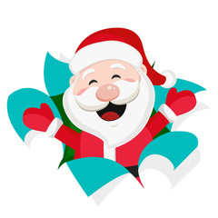 Santa Claus tore the white paper and smiles and waves his hands on a white.