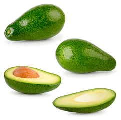 Set of ripe avocado and halves in different angles on a white.
