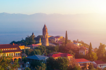 Signagi or Sighnaghi city in Kakheti region in Georgia, sunrise in Sighnaghi