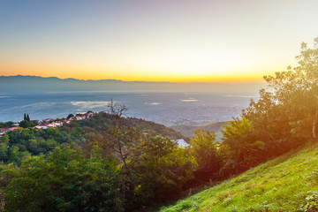 Signagi or Sighnaghi city in Kakheti region in Georgia, sunrise in Sighnaghi