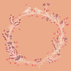 Vintage Greeting Card with Blooming Flowers and Birds. Thank You with Place for Your Text. Wildflowers, Vector Illustration. A frame of flowers and flowers with birds. Wedding card with love sparrows.