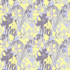 Abstract seamless pattern with hand drawn flowers daffodils,narcissus. Monochrome floral elements on light yellow background. Stylish vintage illustration