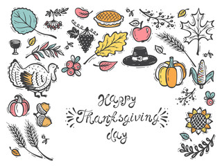 Happy Thanksgiving Day Vector Greeting Card. Autumn Harvest symbols. Fall collection. Doodle Turkey Bird, Berries, Fruit, Vegetables, Leaves, Ears Of Wheat, Thanksgiving Hat and Pumpkin pie