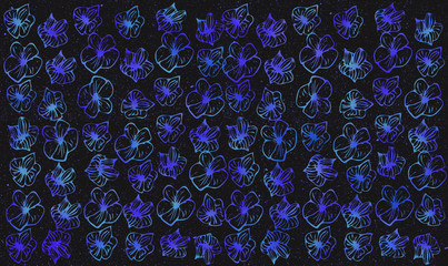 Hand drawn set of blue flowers on the black background