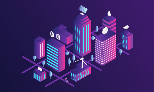 Smart city concept banner. Isometric illustration of smart city vector concept banner for web design