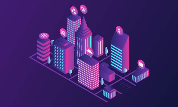 Futuristic city concept banner. Isometric illustration of futuristic city vector concept banner for web design