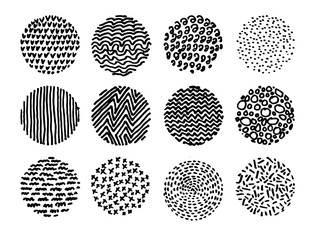 Set of Irregular hand drawn patterns. Round doodle backgrounds. Striped, dotted, wave, chevron graphic print. Chaotic vector illustration. Isolated on white background.