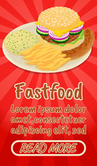 Fastfood concept banner. Isometric banner of fastfood comics vector concept for web, giftcard and postcard