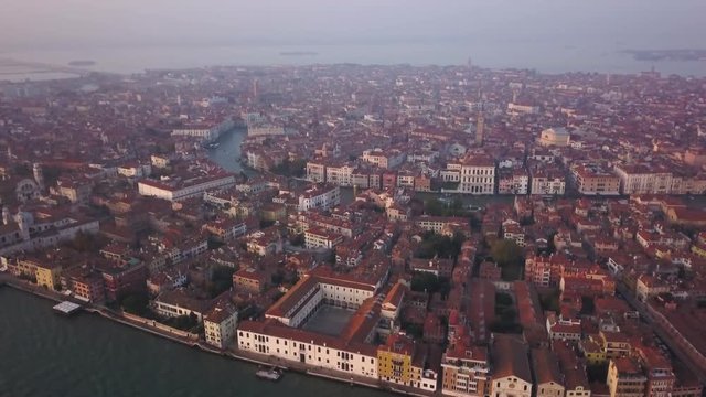 Panning aerial, scenic Venice skyline