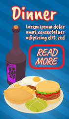 Dinner concept banner. Isometric banner of dinner comics vector concept for web, giftcard and postcard
