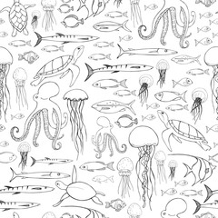 Obraz premium Underwater world. Hand drawn fish, jellyfish, turtles and octopuses. Vector seamless pattern