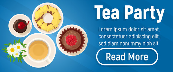 Tea party concept banner. Isometric banner of tea party vector concept for web, giftcard and postcard