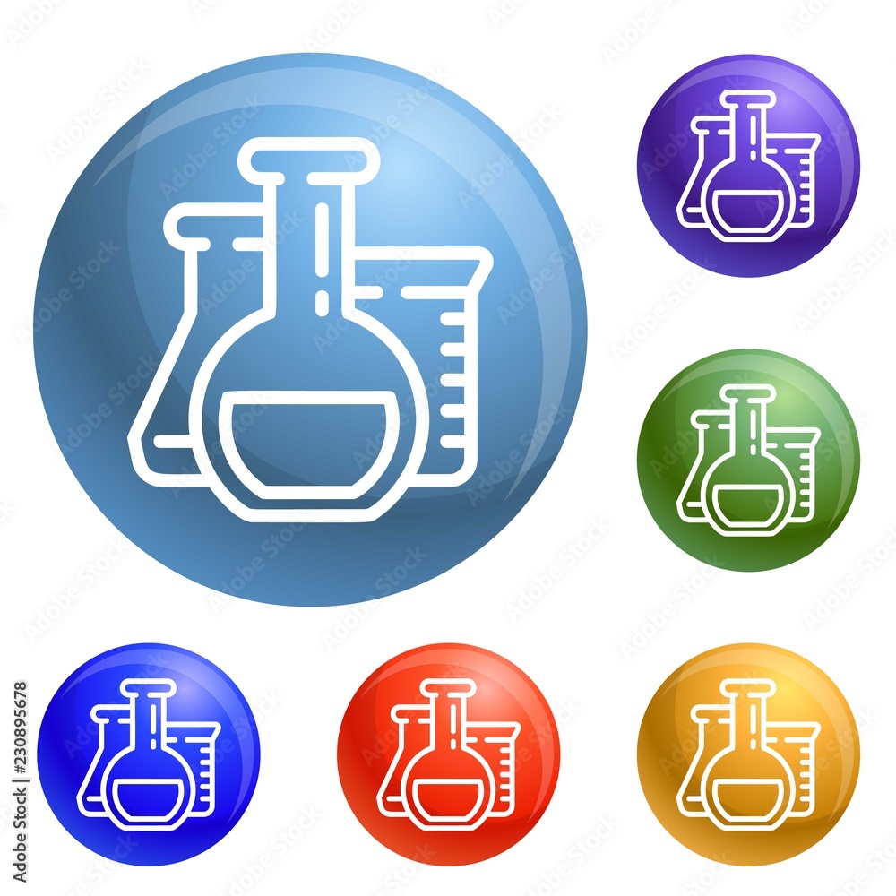 Poster chemistry flask icons set vector 6 color isolated on white background