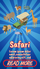 Safari concept banner. Isometric banner of safari comics vector concept for web, giftcard and postcard
