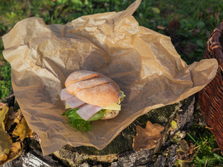 Ciabatta baguette sandwiches with ham, cheese and lettuce