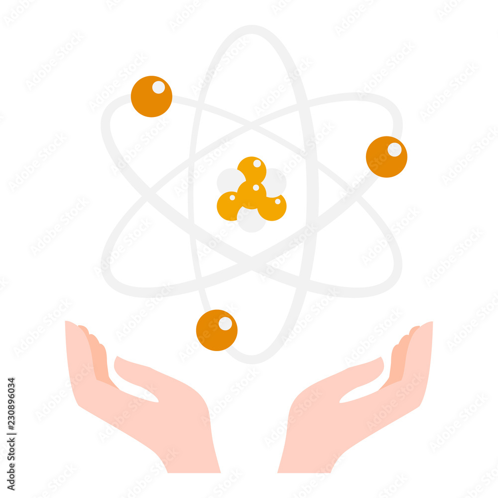 Poster atom in hand icon. flat illustration of atom in hand vector icon for web design