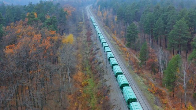 Freight train with cargo containers moves through the autumn forest. Aerial following shot