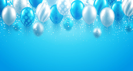 Blue festive background with balloons and confetti. Winter or Christmas design. - 230896839