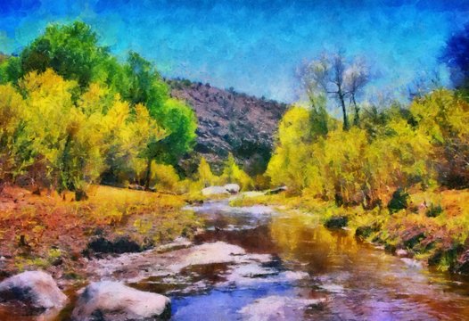 Hand drawing watercolor art on canvas. Artistic big print. Original modern painting. Acrylic dry brush background. Beautiful mountain landscape. Travel canyon view. Rock river. Yellow tree wild nature