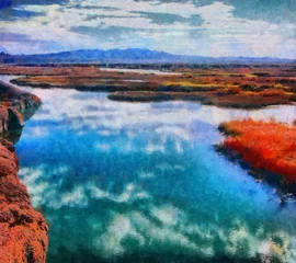 Handzeichnung Aquarellkunst auf Leinwand. Künstlerischer Großdruck. Ursprüngliche moderne Malerei. Acryl trockener Pinselhintergrund. Schöne wilde Landschaft. Reiseansicht. Exotisches tropisches Resort. Heller See © Pavel