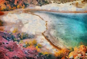 Handzeichnung Aquarellkunst auf Leinwand. Künstlerischer Großdruck. Ursprüngliche moderne Malerei. Acryl trockener Pinselhintergrund. Schöne Berglandschaft. Blick auf die Schlucht. Exotisches tropisches Resort. Wilde Natur © Pavel