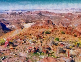 Hand drawing watercolor art on canvas. Artistic big print. Original modern painting. Acrylic dry brush background. Beautiful mountain landscape. Travel canyon view. Exotic tropical resort. Wild nature