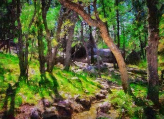 Hand drawing watercolor art on canvas. Artistic big print. Original modern painting. Acrylic dry brush background. Beautiful summer landscape. Travel view. Green forest tree. Wild nature