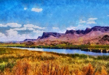 Hand drawing watercolor art on canvas. Artistic big print. Original modern painting. Acrylic dry brush background. Beautiful mountain landscape. Travel canyon view. Exotic tropical resort. Wild nature